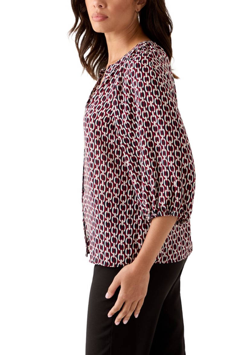  Womens 3/4 Sleeve Split Neck Button Front Top 