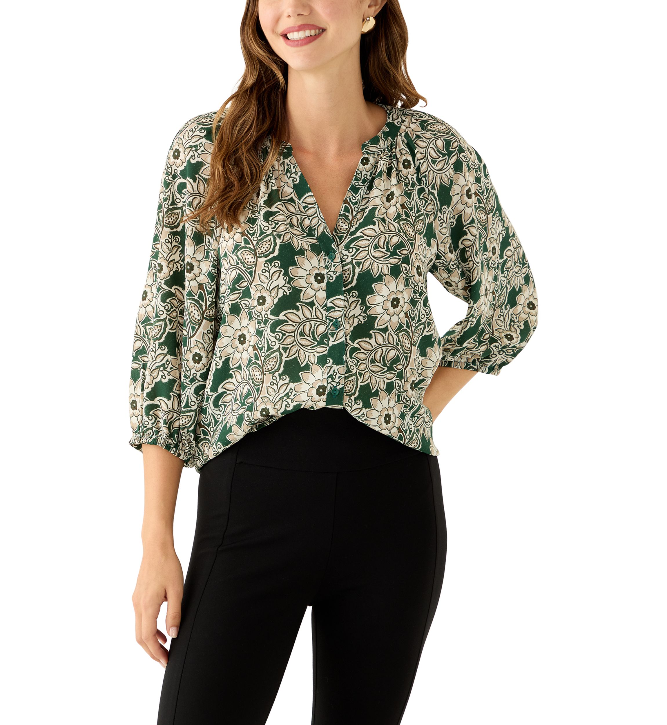  Womens 3/4 Sleeve Split Neck Button Front Floral Blouse 