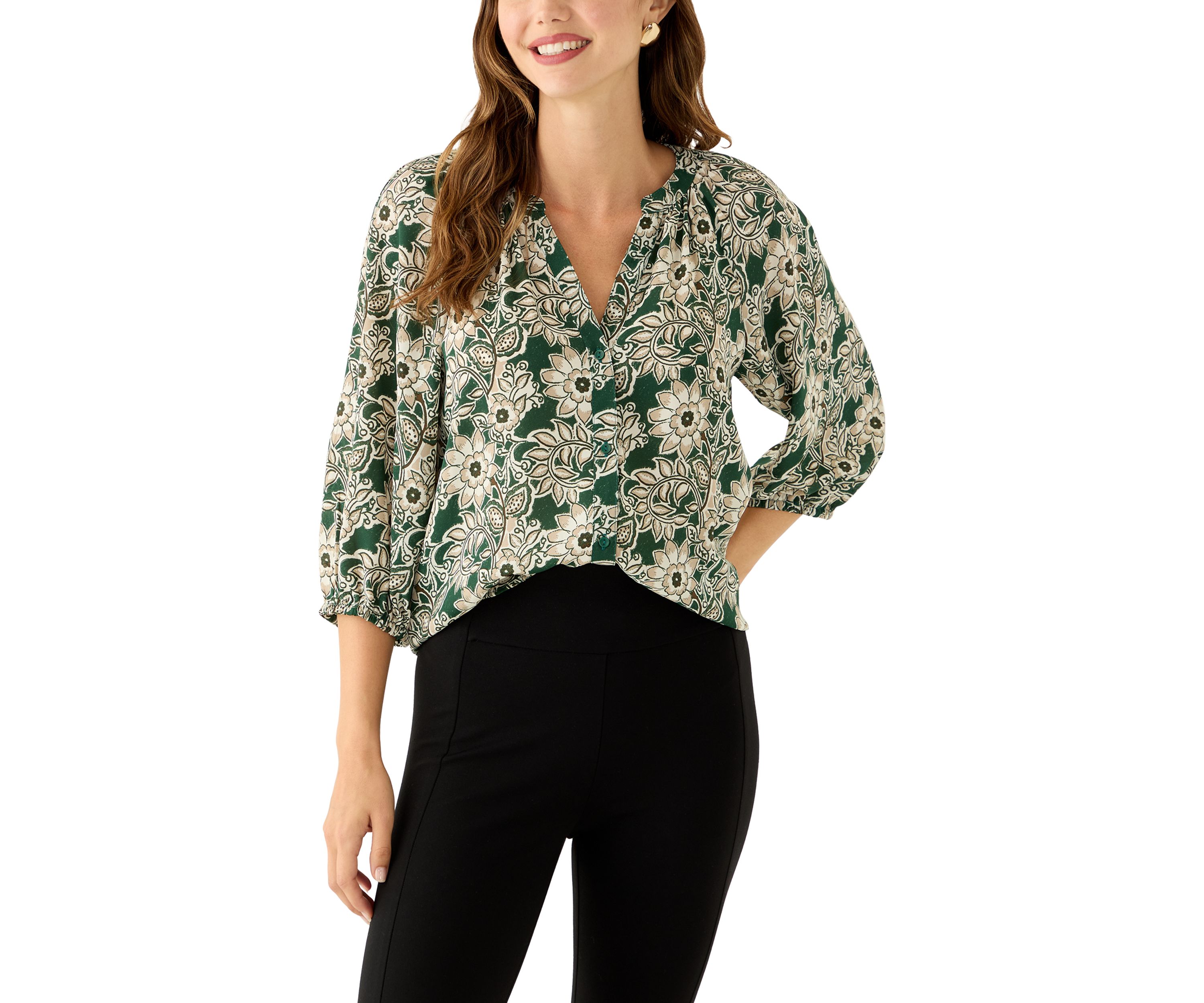  Womens 3/4 Sleeve Split Neck Button Front Floral Blouse 