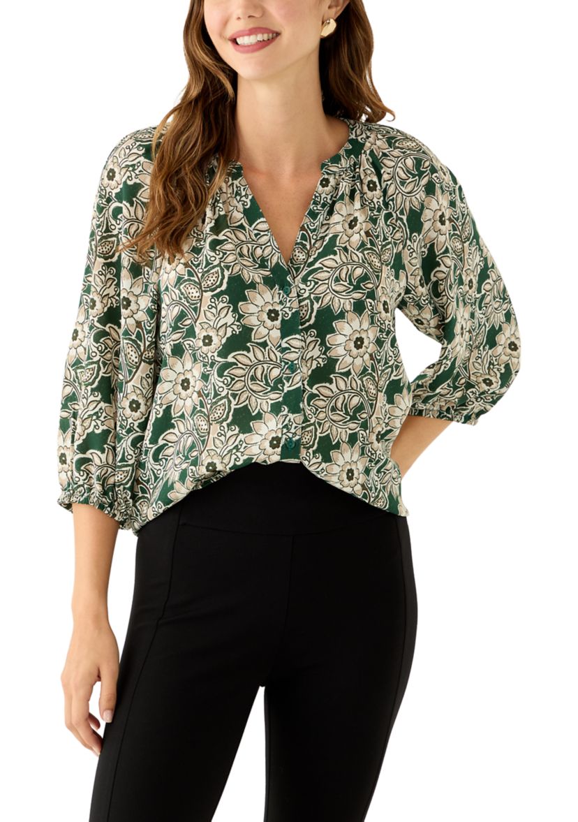  Womens 3/4 Sleeve Split Neck Button Front Floral Blouse 