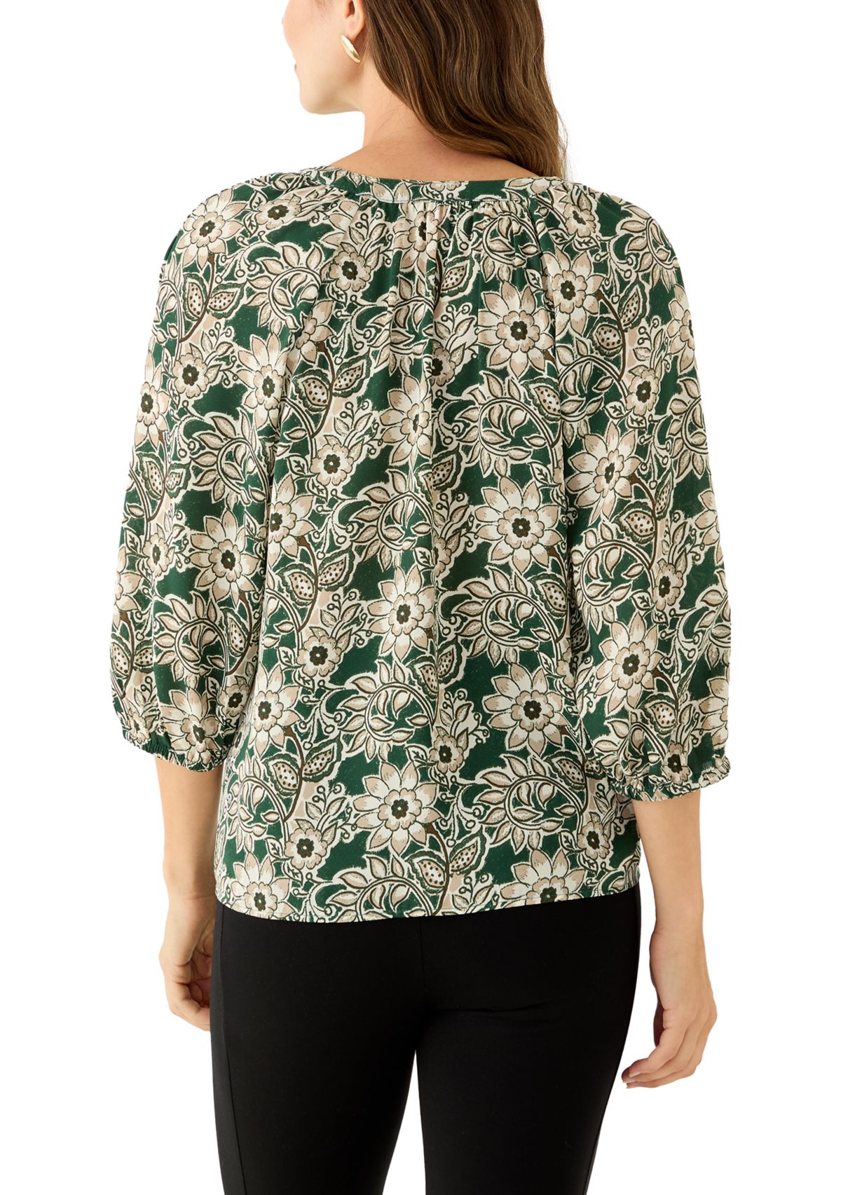  Womens 3/4 Sleeve Split Neck Button Front Floral Blouse 