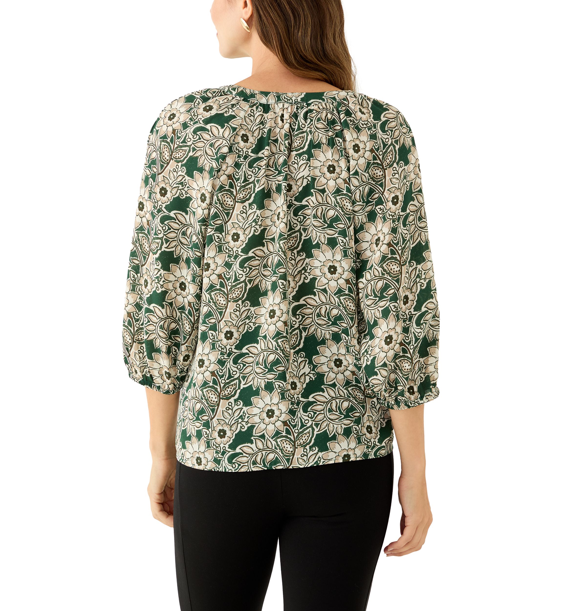  Womens 3/4 Sleeve Split Neck Button Front Floral Blouse 