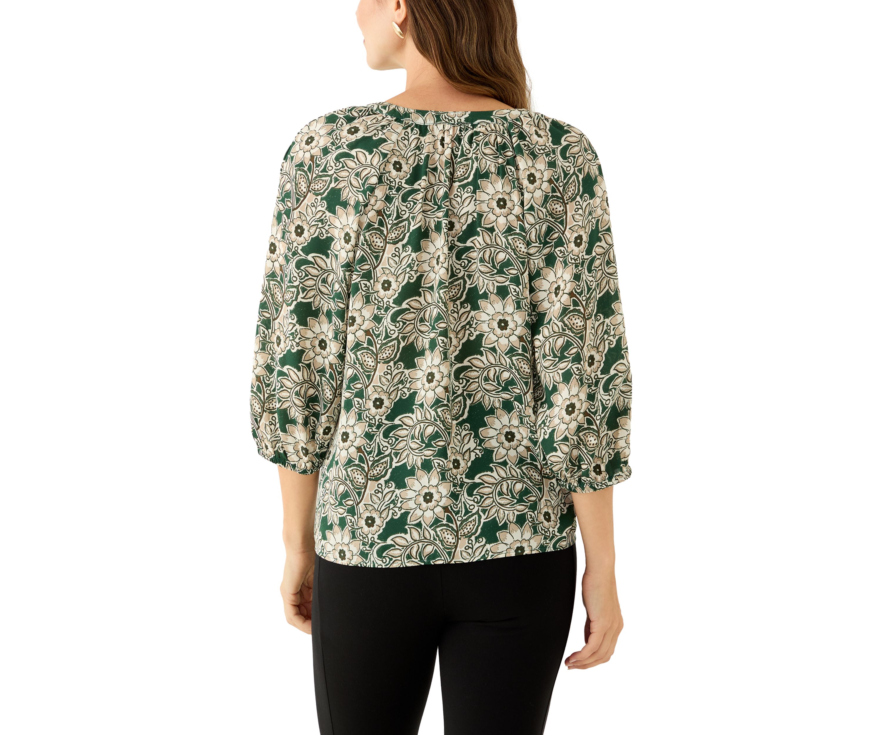  Womens 3/4 Sleeve Split Neck Button Front Floral Blouse 
