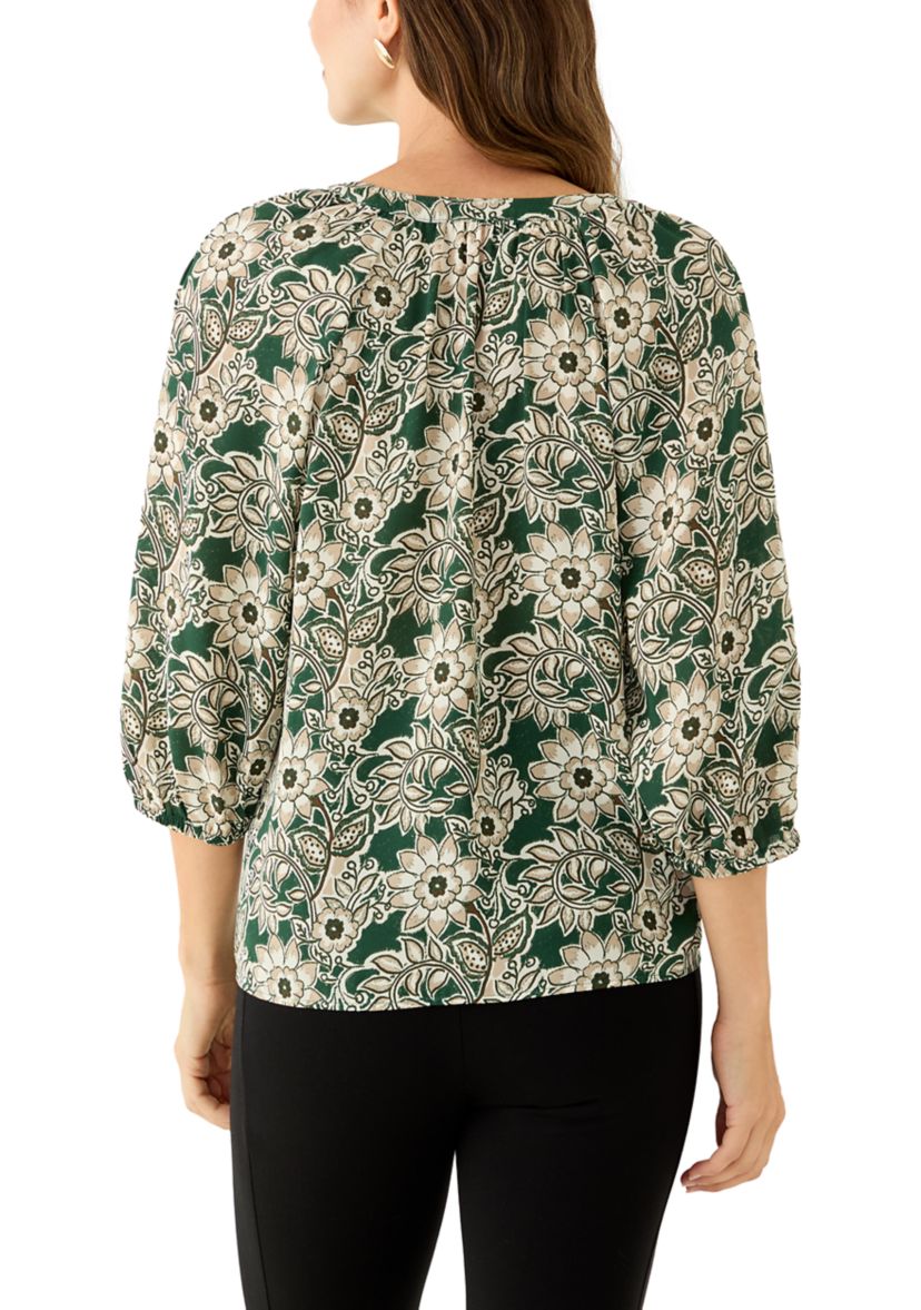  Womens 3/4 Sleeve Split Neck Button Front Floral Blouse 