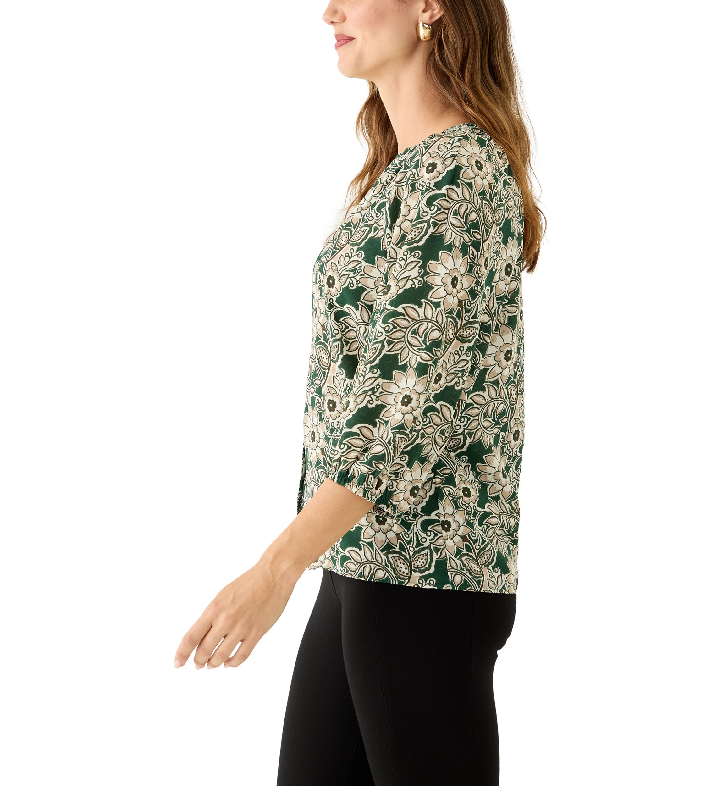  Womens 3/4 Sleeve Split Neck Button Front Floral Blouse 