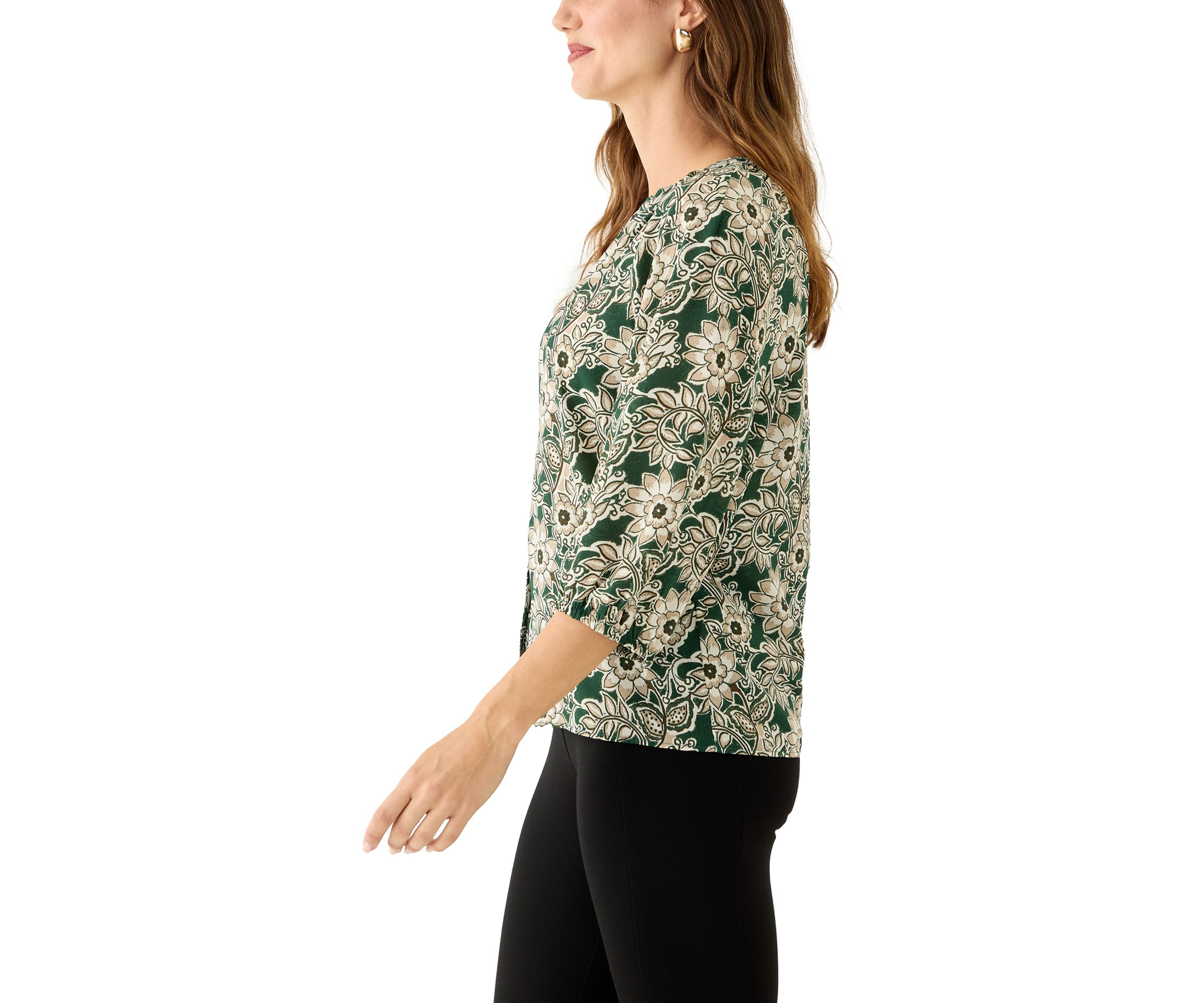  Womens 3/4 Sleeve Split Neck Button Front Floral Blouse 