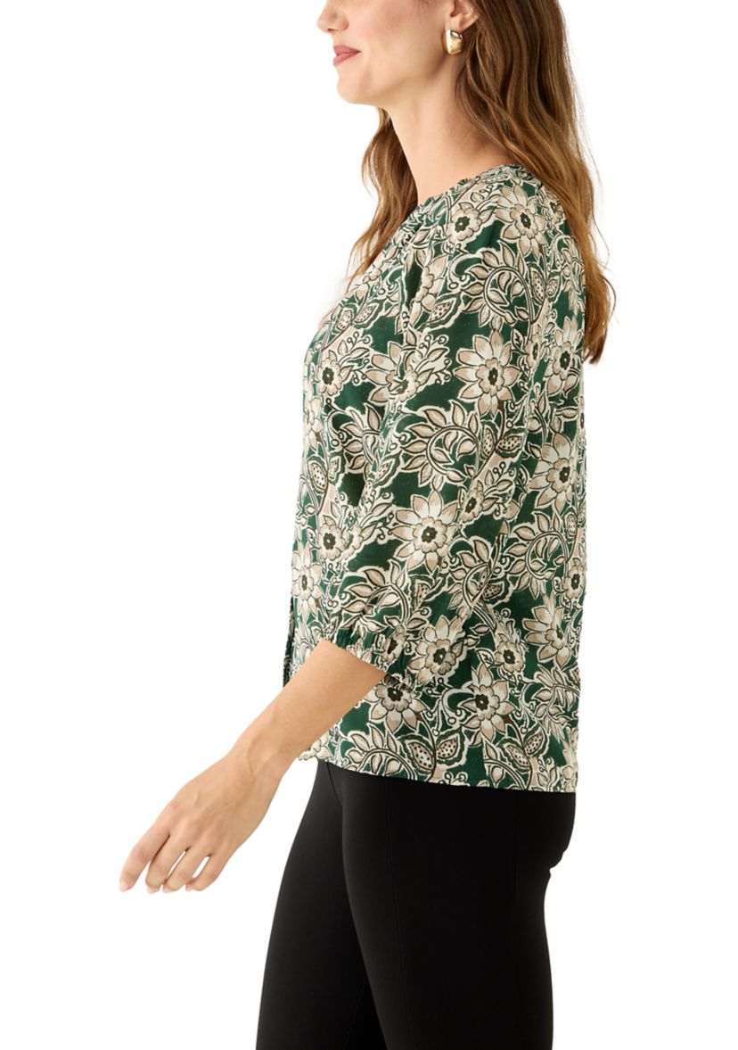  Womens 3/4 Sleeve Split Neck Button Front Floral Blouse 