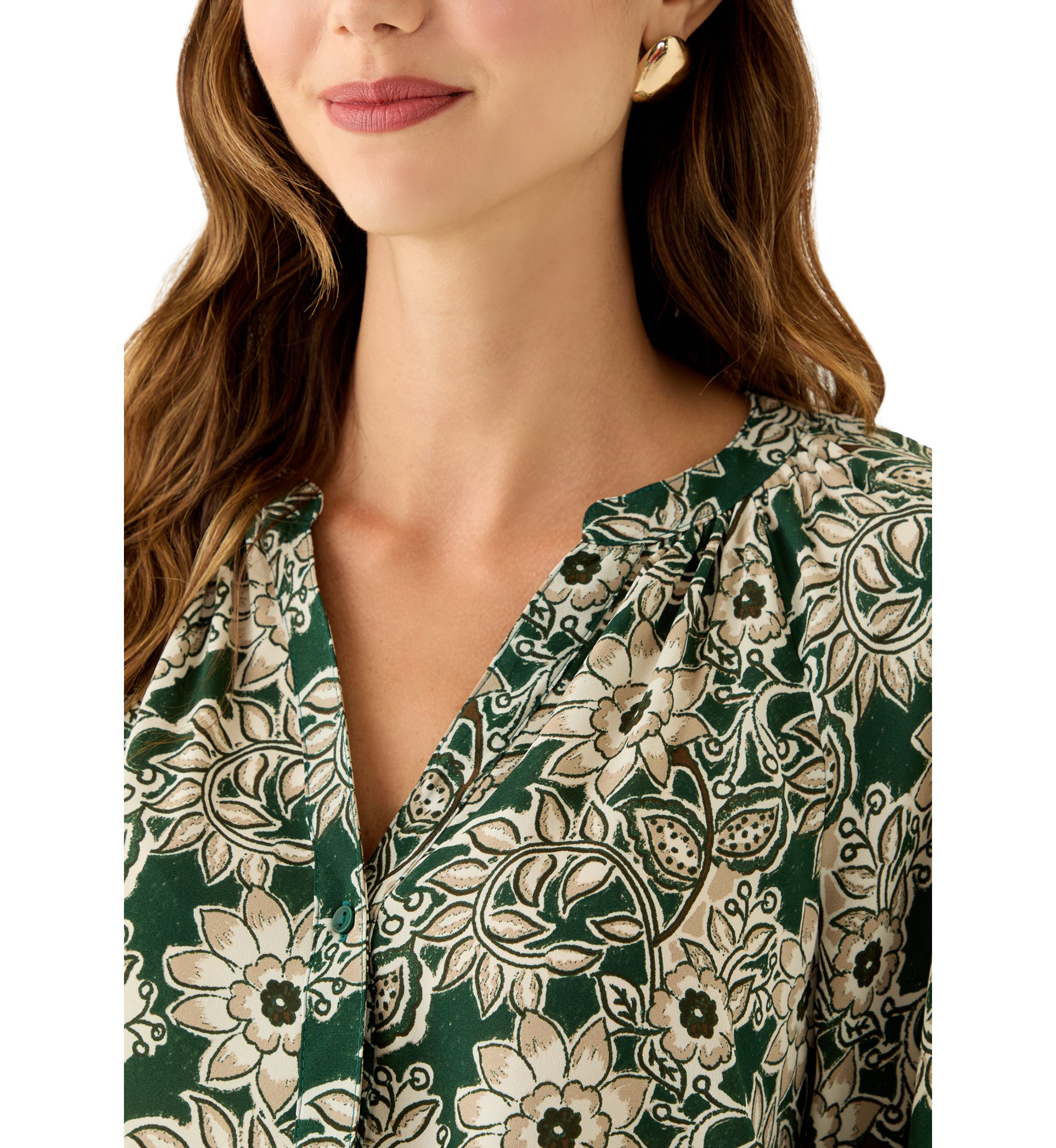  Womens 3/4 Sleeve Split Neck Button Front Floral Blouse 