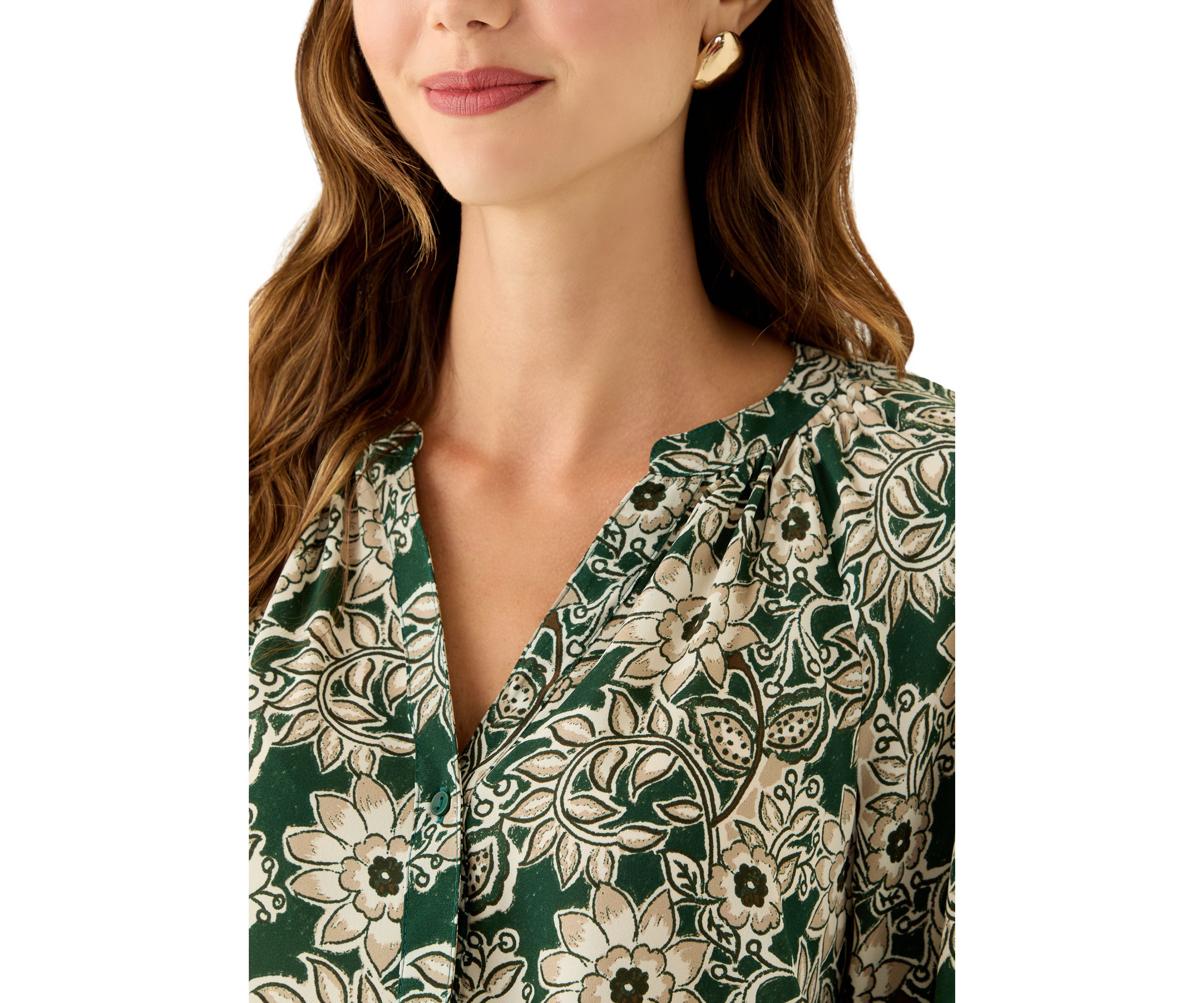  Womens 3/4 Sleeve Split Neck Button Front Floral Blouse 