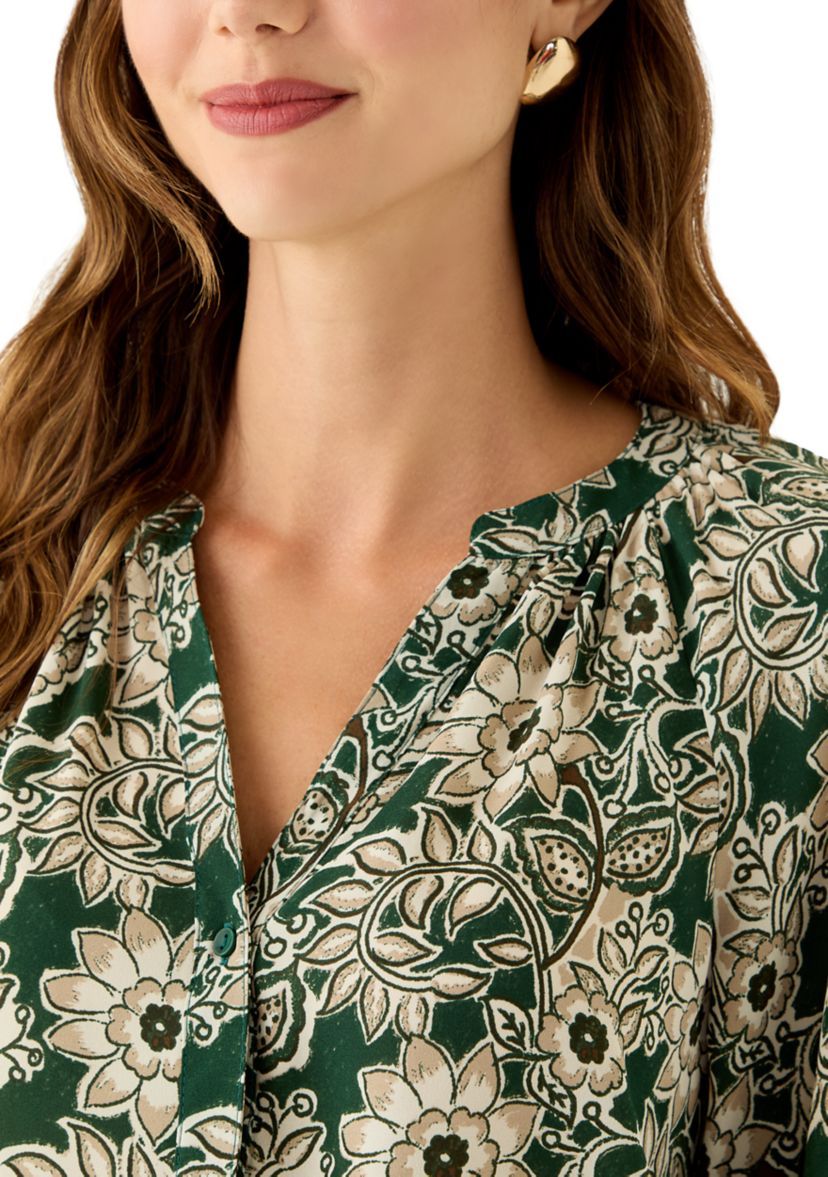  Womens 3/4 Sleeve Split Neck Button Front Floral Blouse 