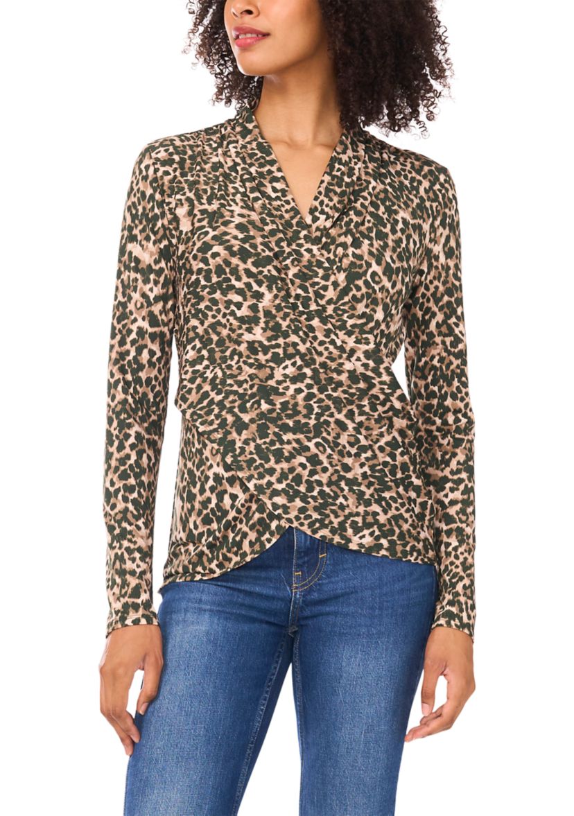 Womens Long Sleeve Animal Print Wrap Top 