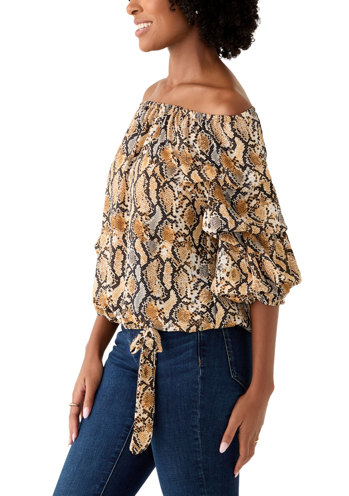 Womens Off the Shoulder Chacha Snake Print Blouse