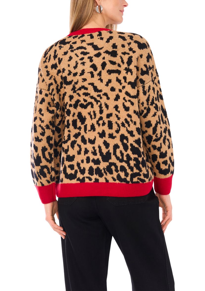 Womens Long Sleeve Tipped Leopard Sweater 