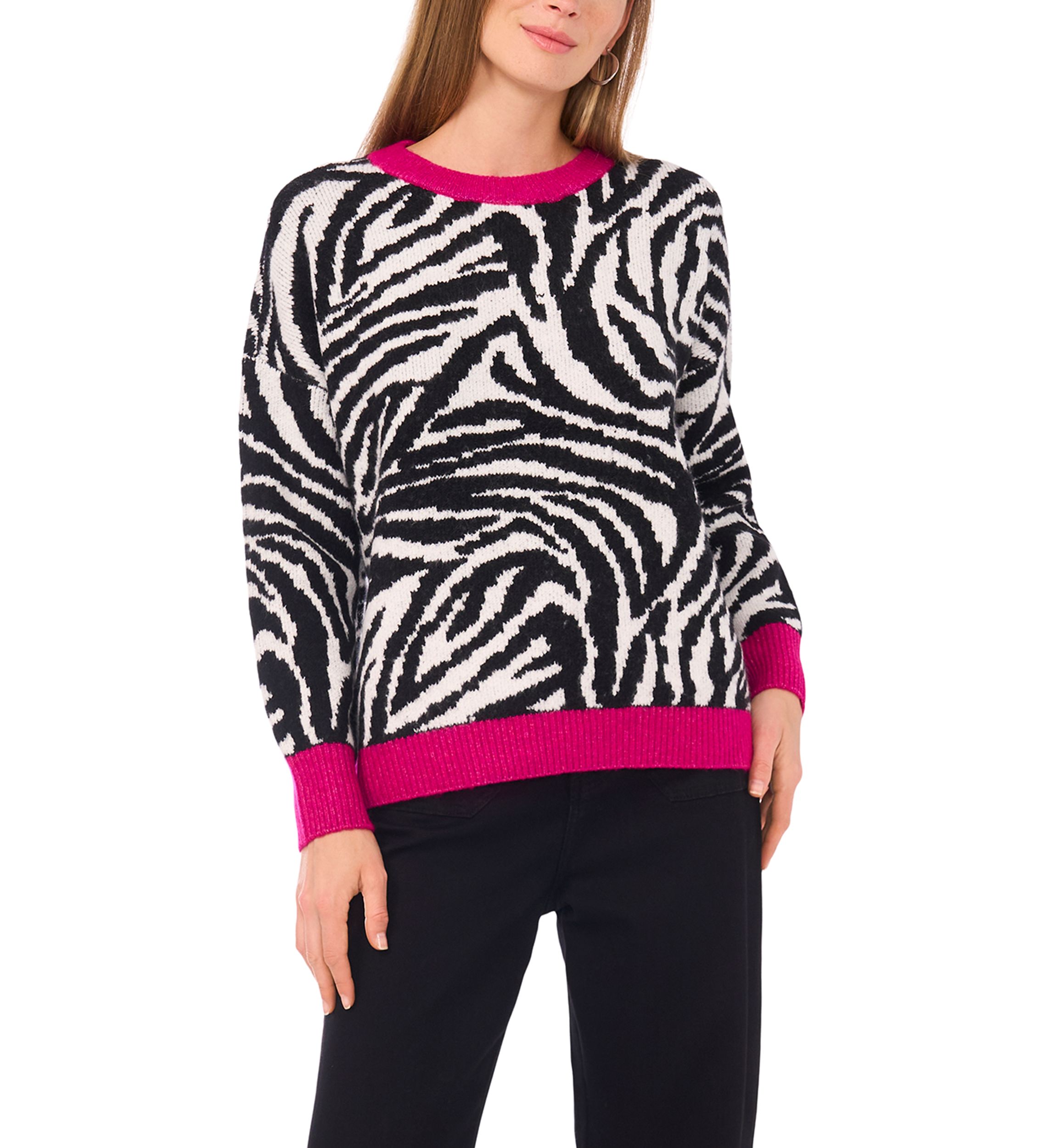   Womens Long Sleeve Tipped Zebra Sweater 