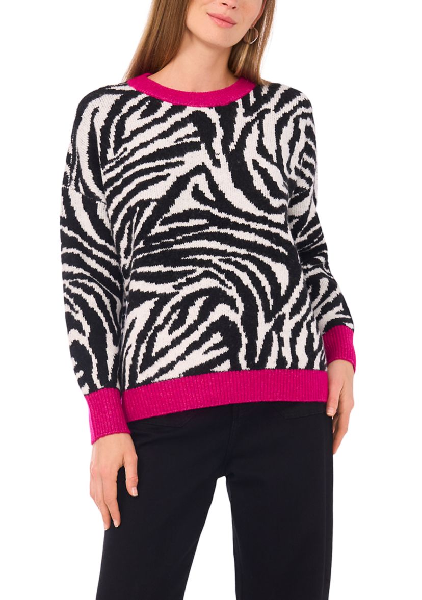   Womens Long Sleeve Tipped Zebra Sweater 