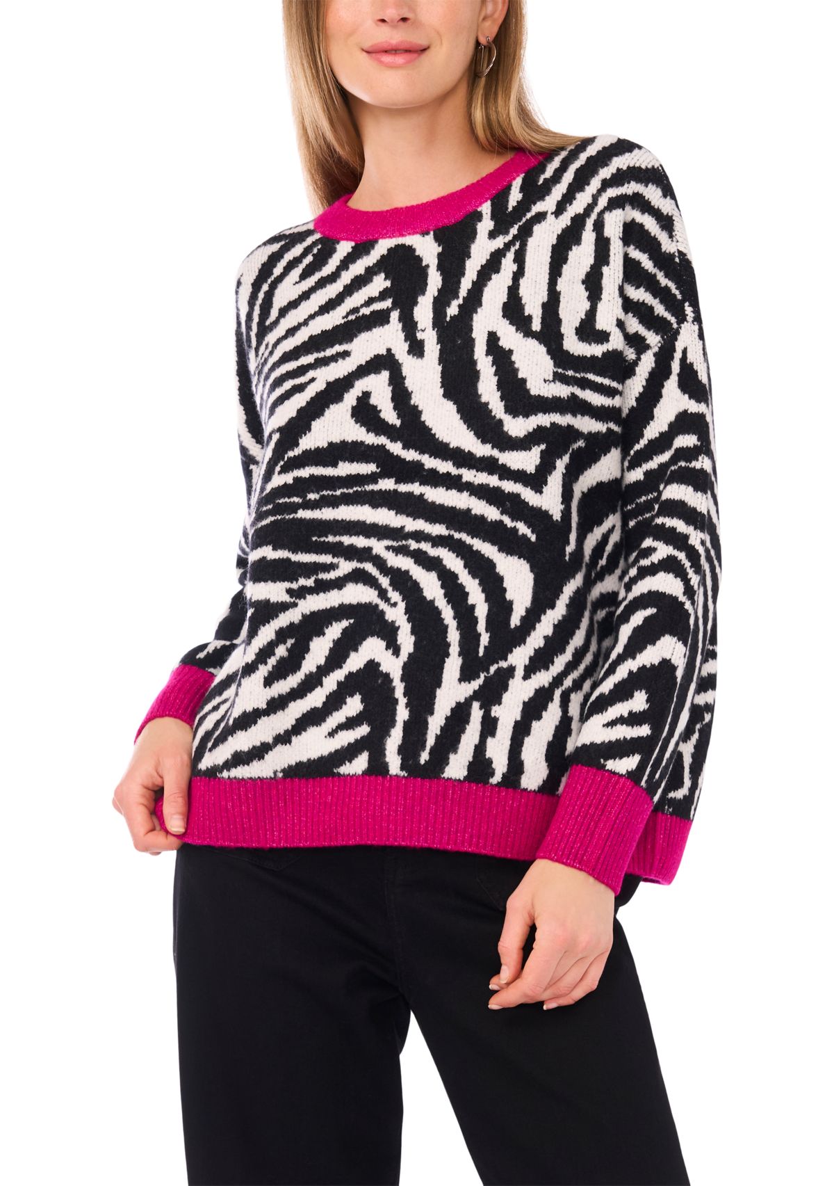   Womens Long Sleeve Tipped Zebra Sweater 