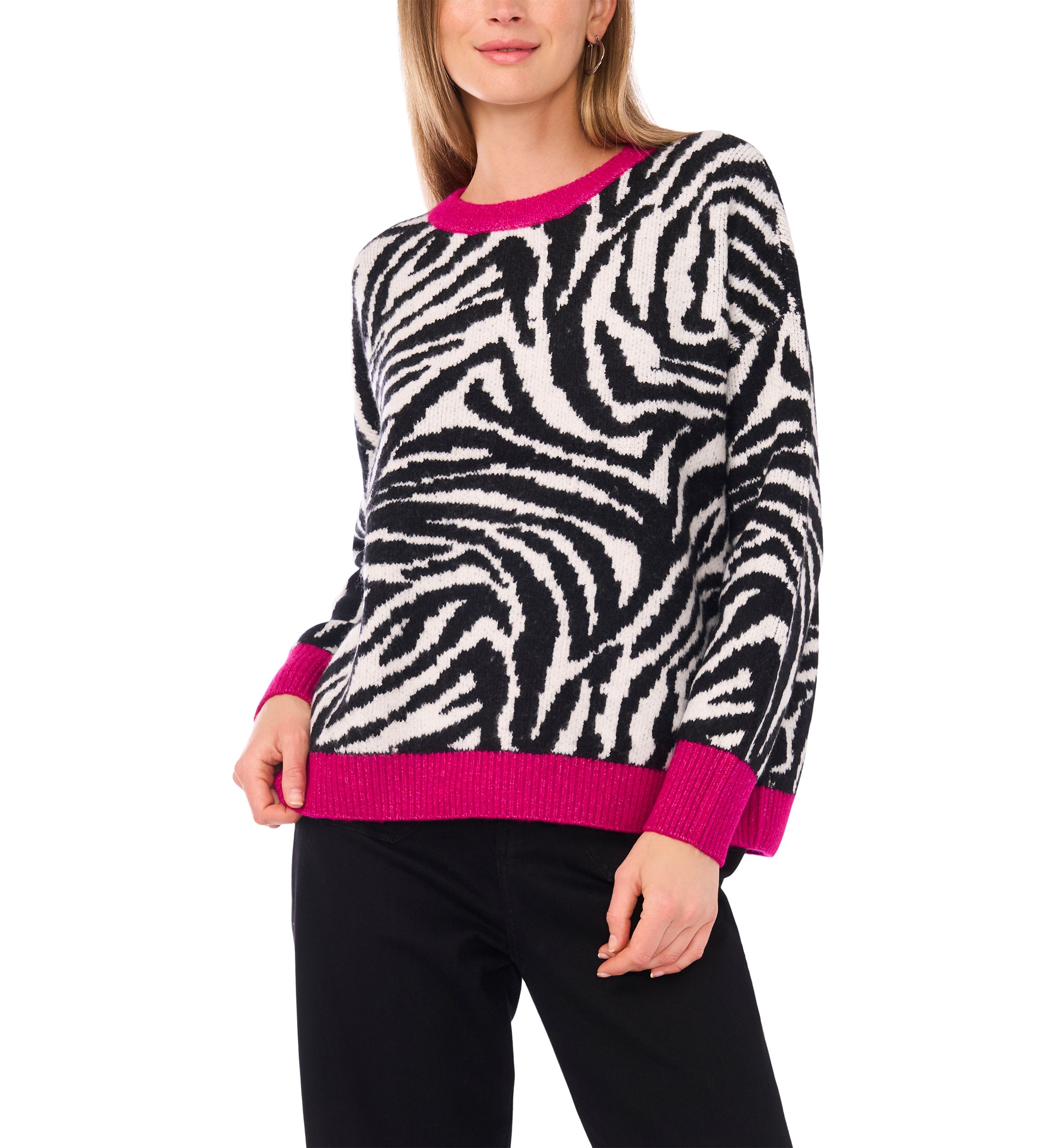   Womens Long Sleeve Tipped Zebra Sweater 