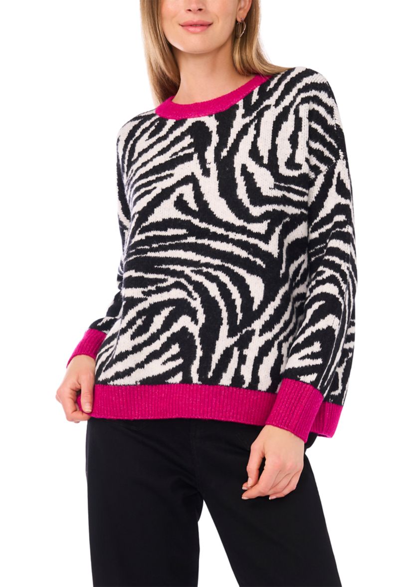  Womens Long Sleeve Tipped Zebra Sweater 