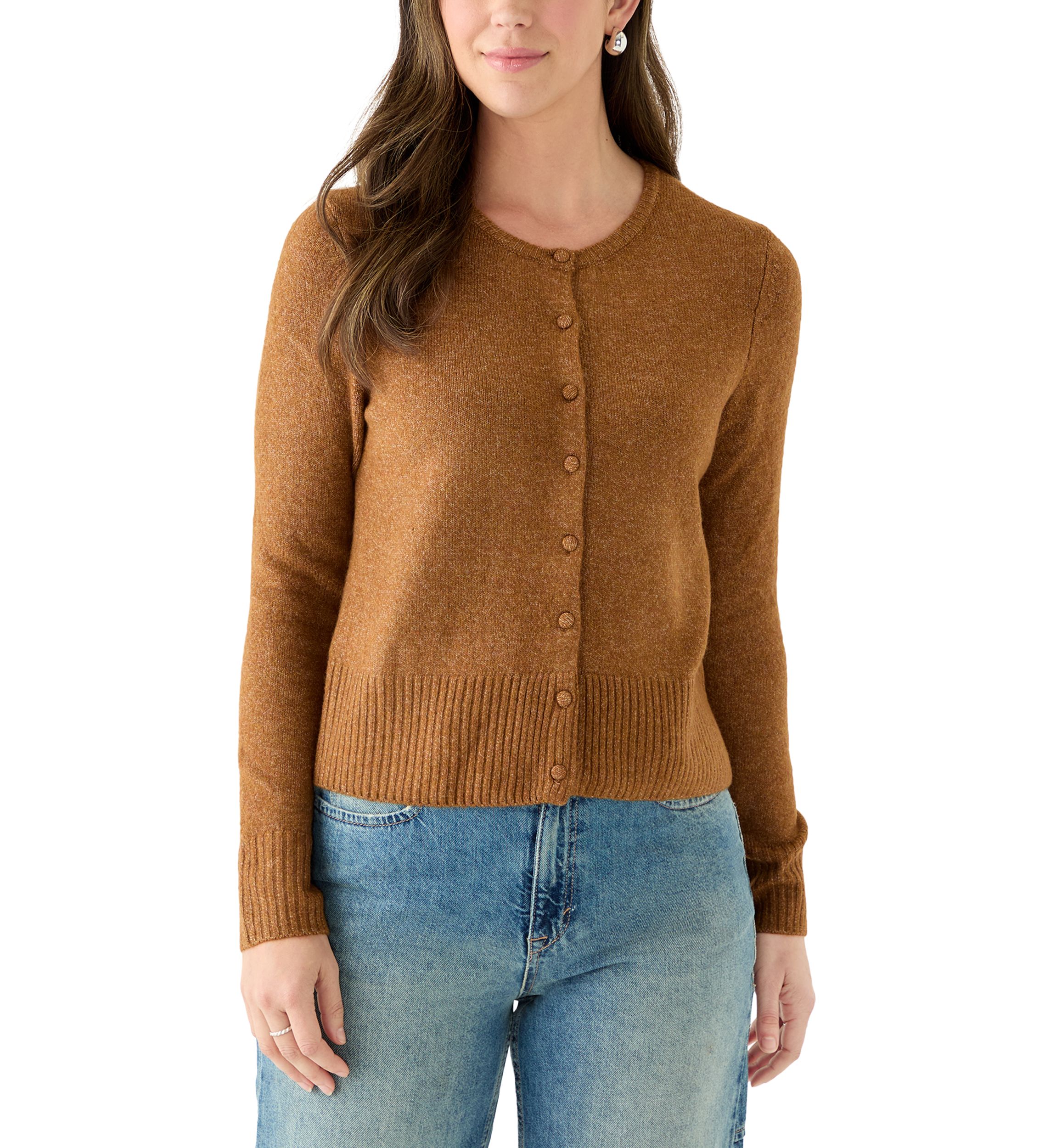 Womens Long Sleeve Button Front Crew Neck Sweater