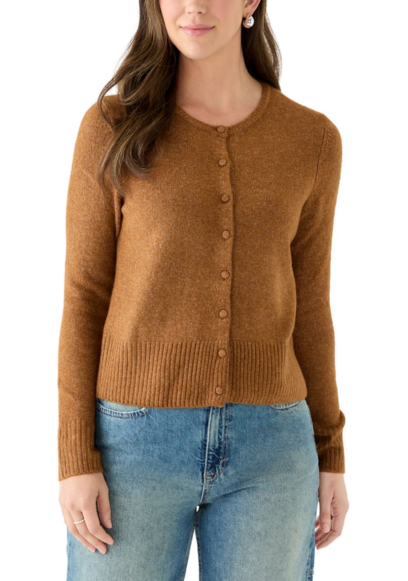 Womens Long Sleeve Button Front Crew Neck Sweater