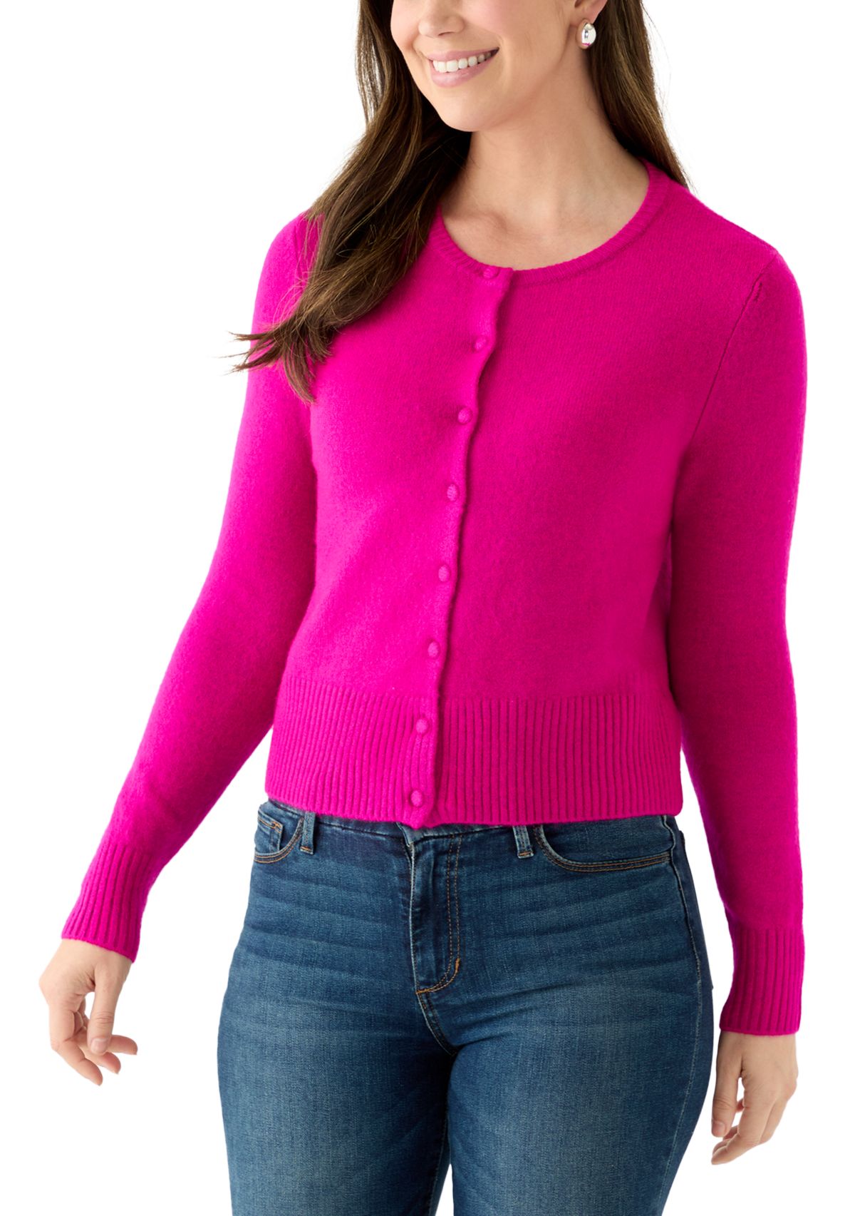 Womens Long Sleeve Button Front Crew Neck Sweater