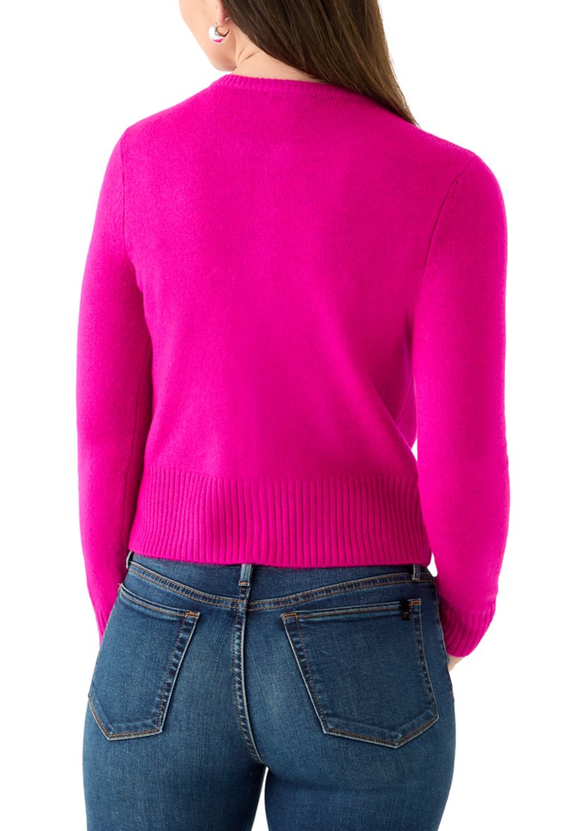 Womens Long Sleeve Button Front Crew Neck Sweater