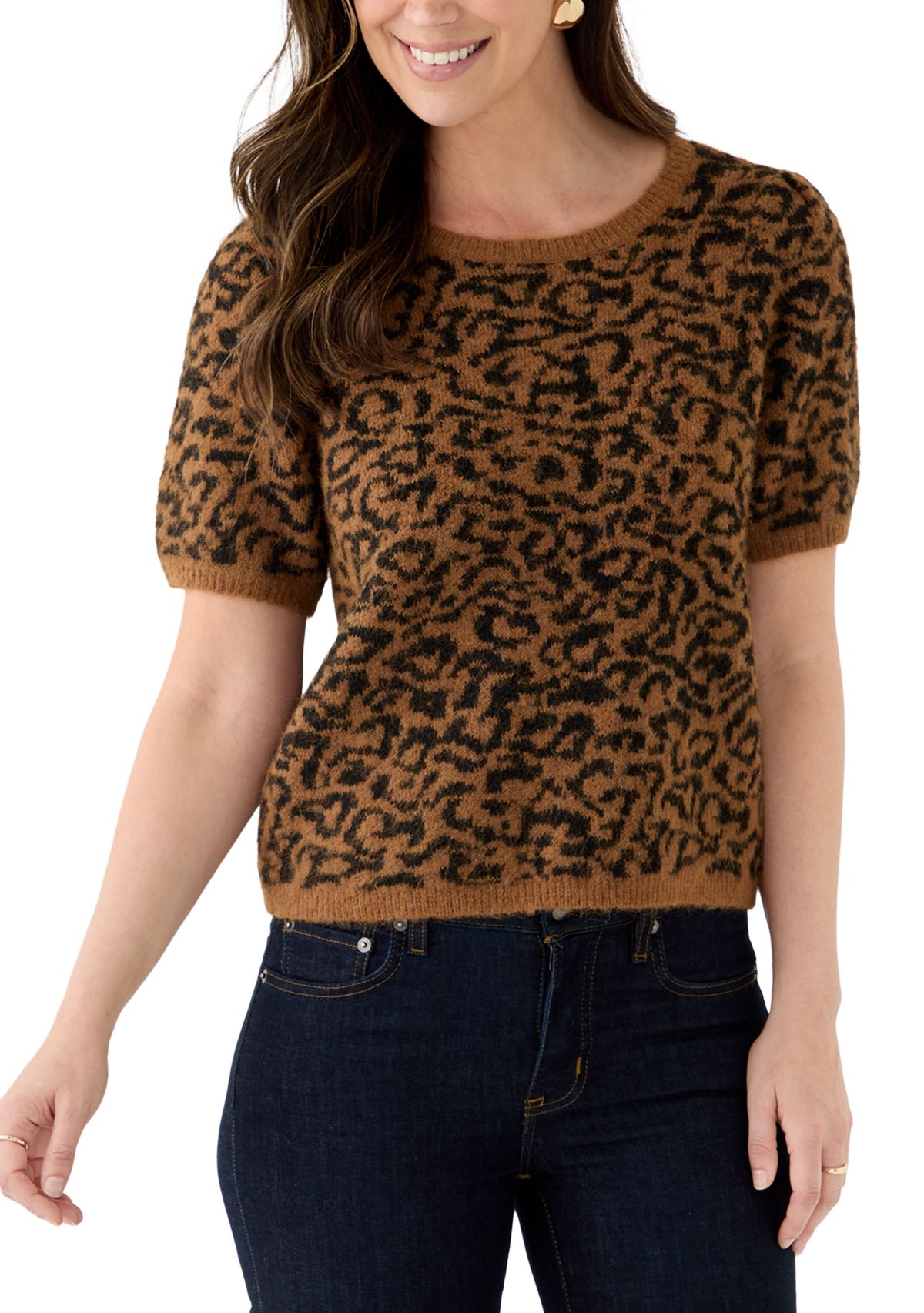 Womens Short Sleeve Tip Leopard Sweater