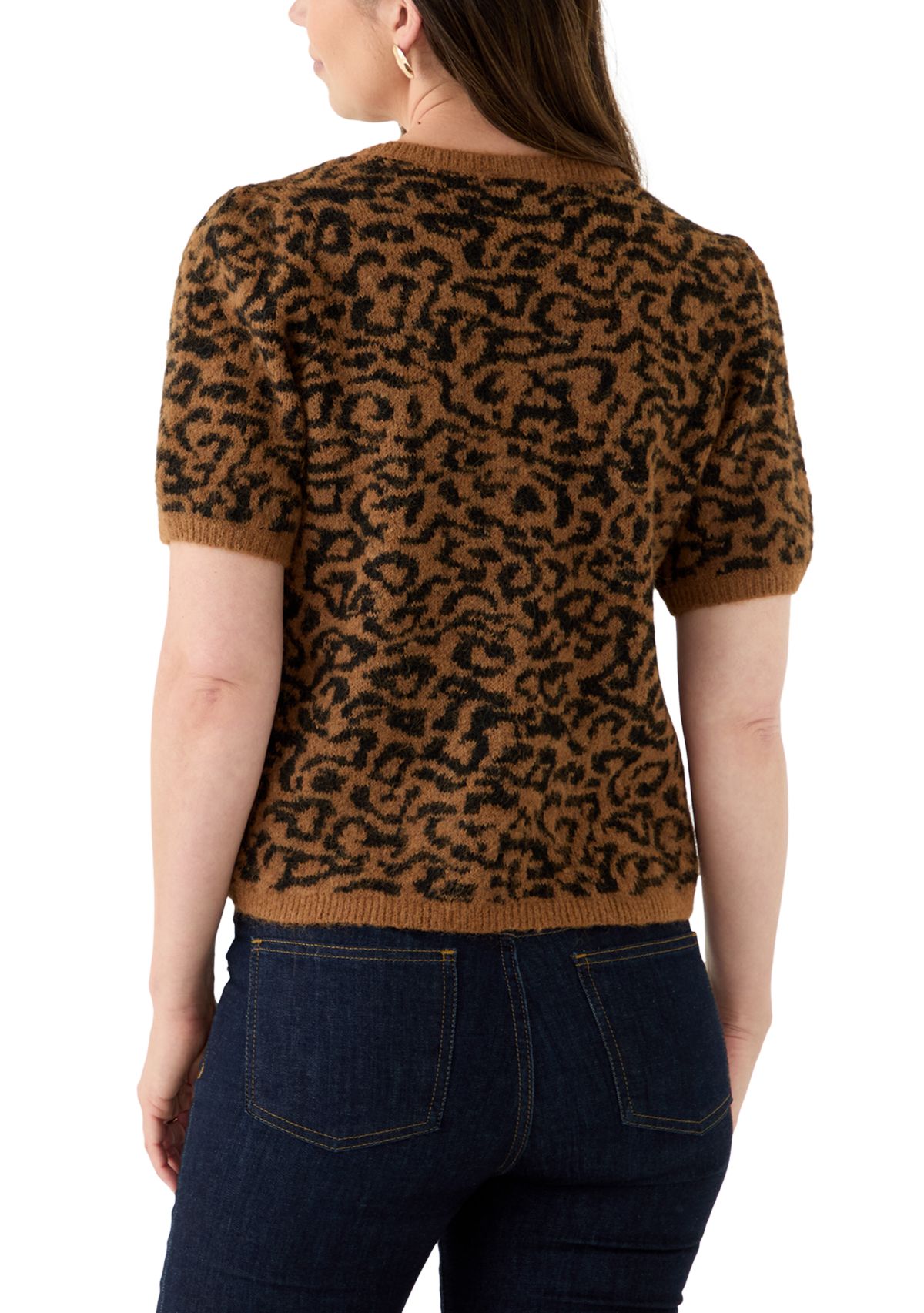 Womens Short Sleeve Tip Leopard Sweater