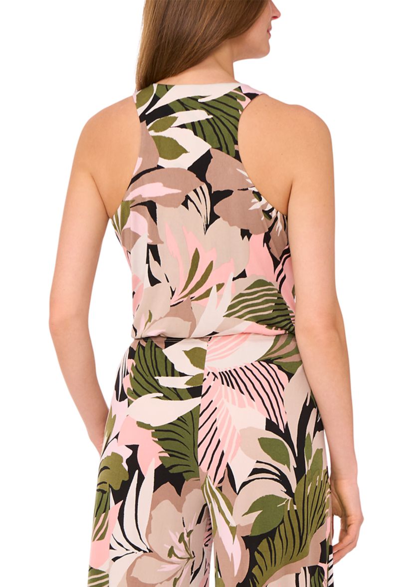 Womens Sleeveless Crew Neck Tropical Floral Top