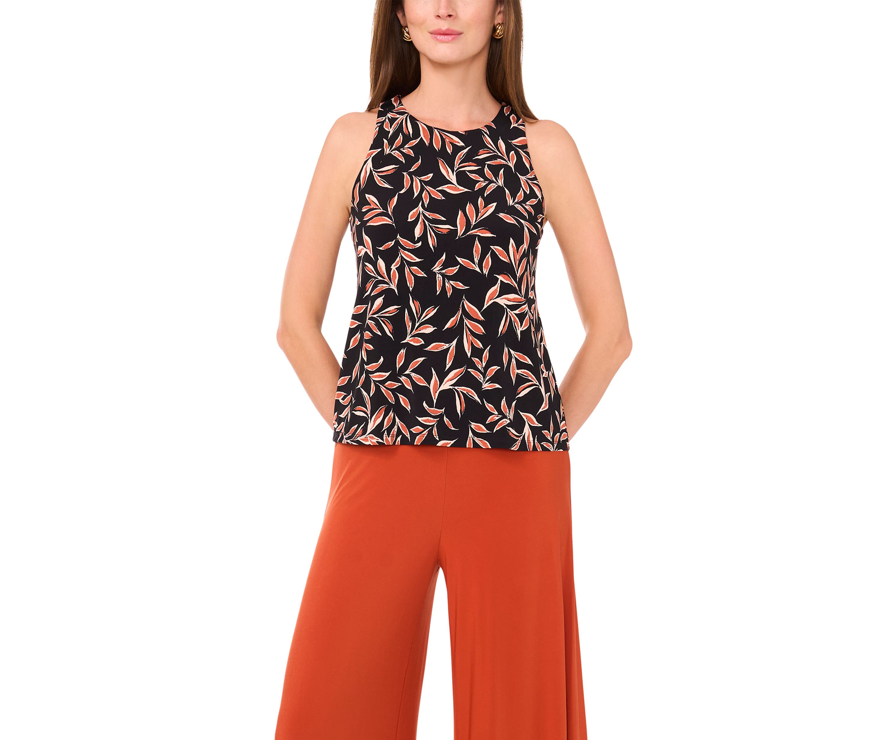 Womens Sleeveless Crew Neck Leaf Print Top