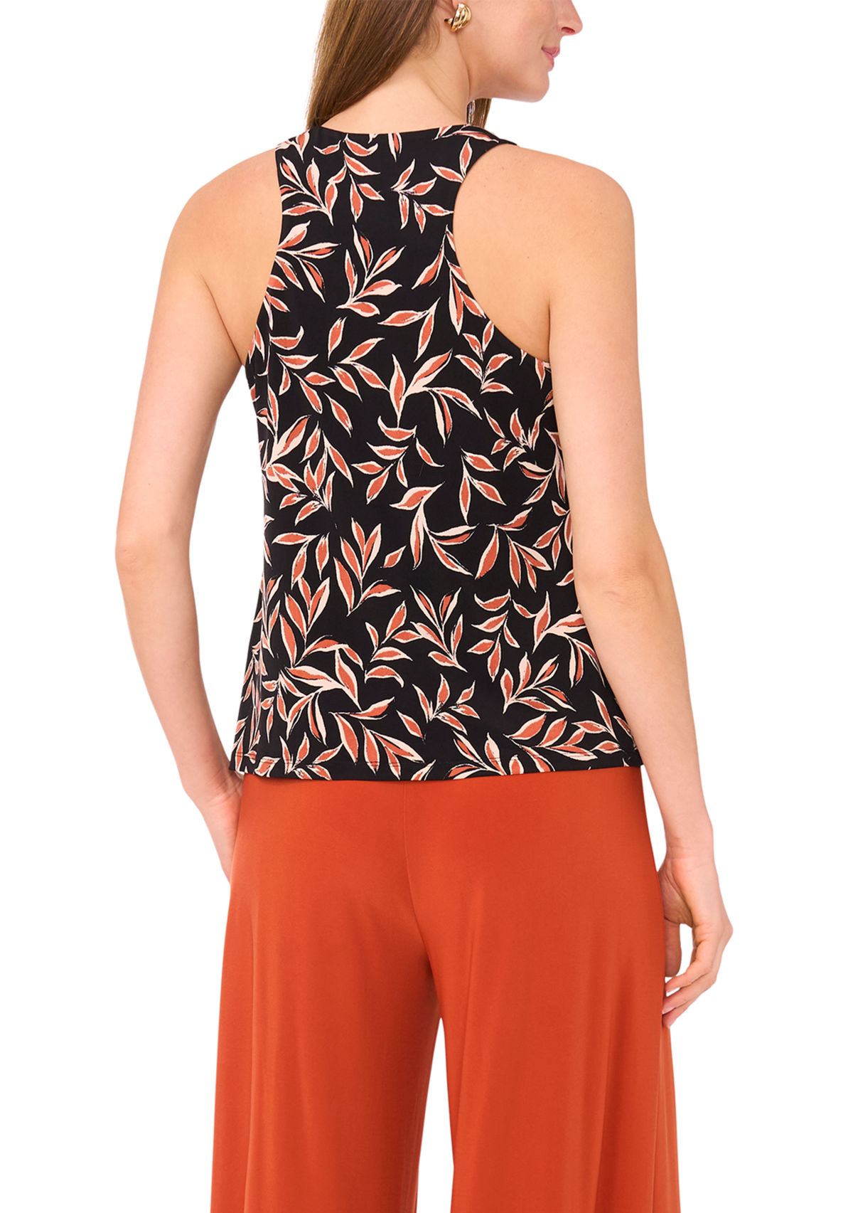 Womens Sleeveless Crew Neck Leaf Print Top