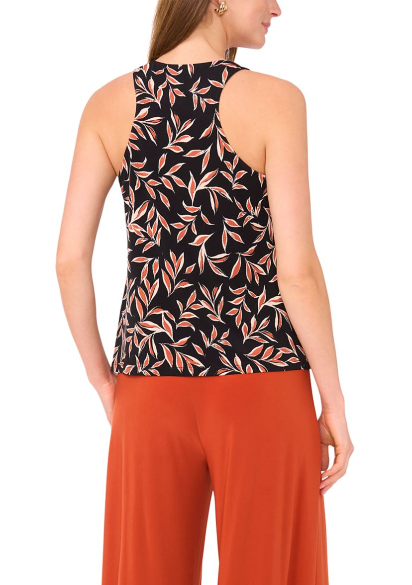 Womens Sleeveless Crew Neck Leaf Print Top