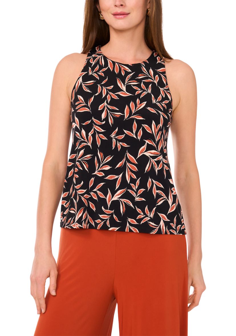 Womens Sleeveless Crew Neck Leaf Print Top