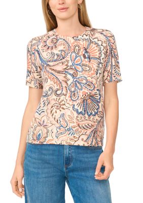 Vince Camuto Women's Short Sleeve Paisley Print Crew Neck Sweater, XS