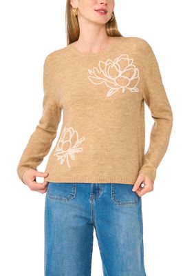 Vince Camuto Women's Long Sleeve Floral Appliqué Sweater, XS