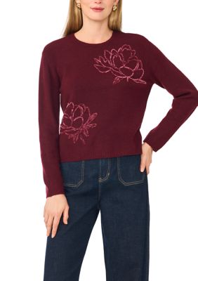 Vince Camuto Women's Long Sleeve Floral Appliqué Sweater, XS