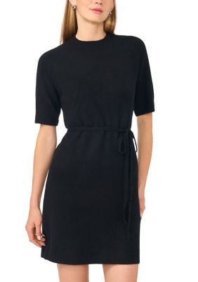 Vince Camuto Women's Short Sleeve Tie Waist Sweater Dress, Black, Large