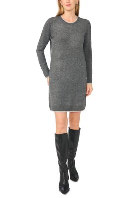 Vince Camuto Women's Long Sleeve Tipped Crew Neck Sweater Dress, Grey, XS