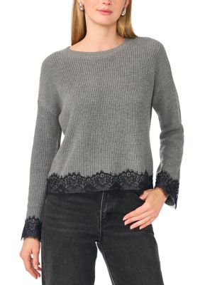 Vince Camuto Women's Long Sleeve Crew Neck Lace Trim Sweater, Grey, XS