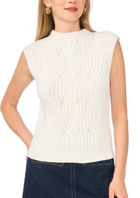 Vince Camuto Women's Sleeveless Textured Cable Knit Funnel Neck Sweater, White, XS