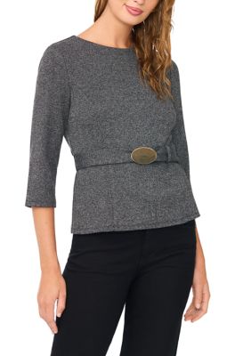 Vince Camuto Women's 3/4 Sleeve Belted Funnel Neck Knit Top, Grey, XL