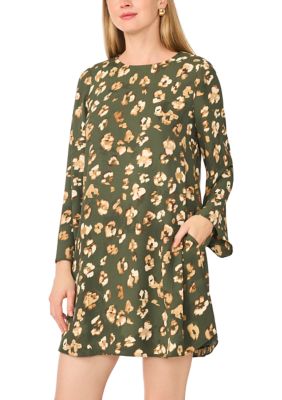 Vince Camuto Women's Long Flare Sleeve Animal Print Dress, Green, XS