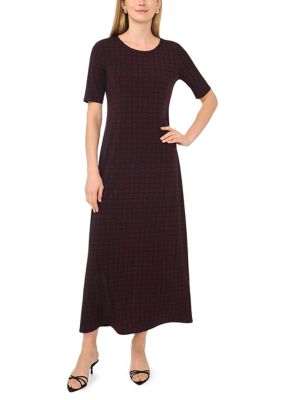Vince Camuto Women's Short Sleeve Crew Neck Grid Print Dress