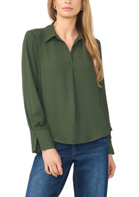 Vince Camuto Women's Long Sleeve Collar Split Neck Blouse, Green, Medium