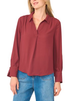 Vince Camuto Women's Long Sleeve Collar Split Neck Blouse, Burgundy, XL