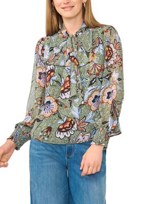Vince Camuto Women's Long Sleeve Keyhole Neck Floral Blouse, XL