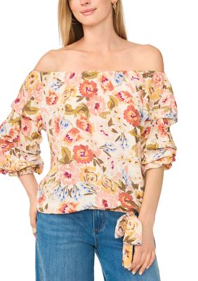 Vince Camuto Women's Off The Shoulder Chacha Floral Blouse, Sand, Medium