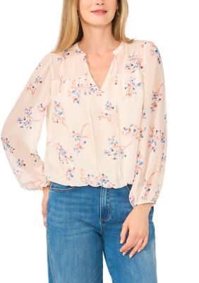Vince Camuto Women's Blouson Sleeve Ditsy Floral Peasant Blouse, Sand, XL
