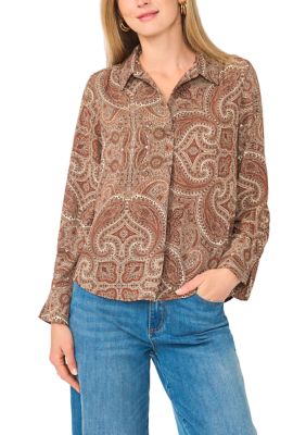 Vince Camuto Women's Long Sleeve Collar Split Neck Paisley Blouse, XL