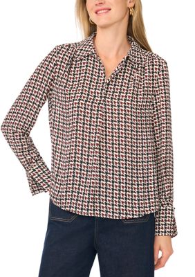 Vince Camuto Women's Long Sleeve Collar Split Neck Houndstooth Blouse, Small